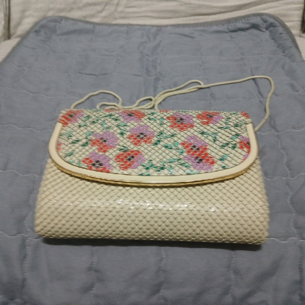 Cream Woven Handbag with Embroidered Flap